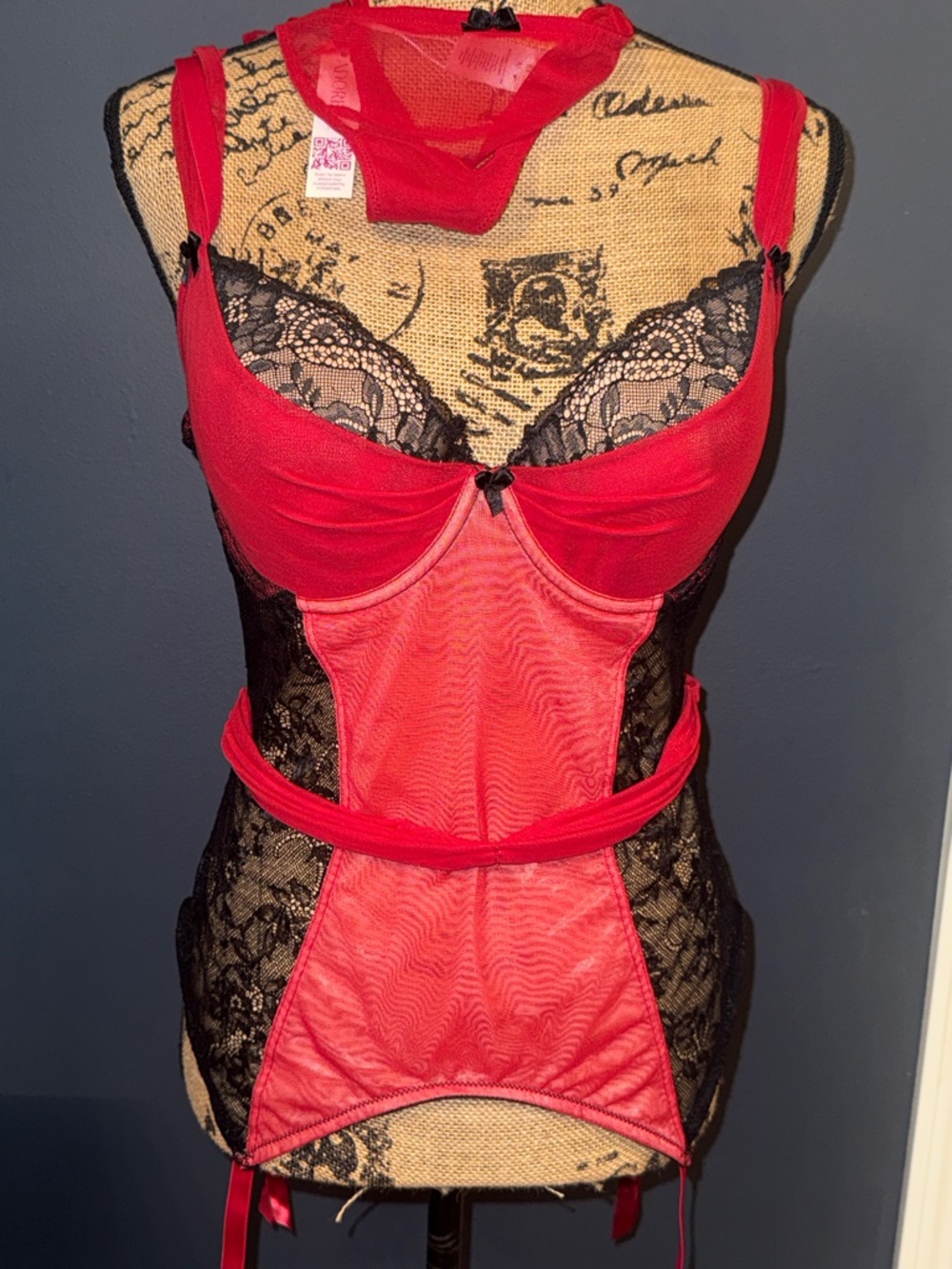 Adore Me Red Lace Panel Bustier Corset Size XL with bottoms